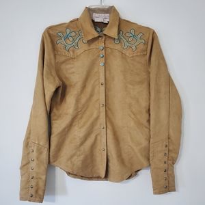 Panhandle Slim Womens Small Faux Suede Western Shirt Flaw Tan Turquoise Aqua